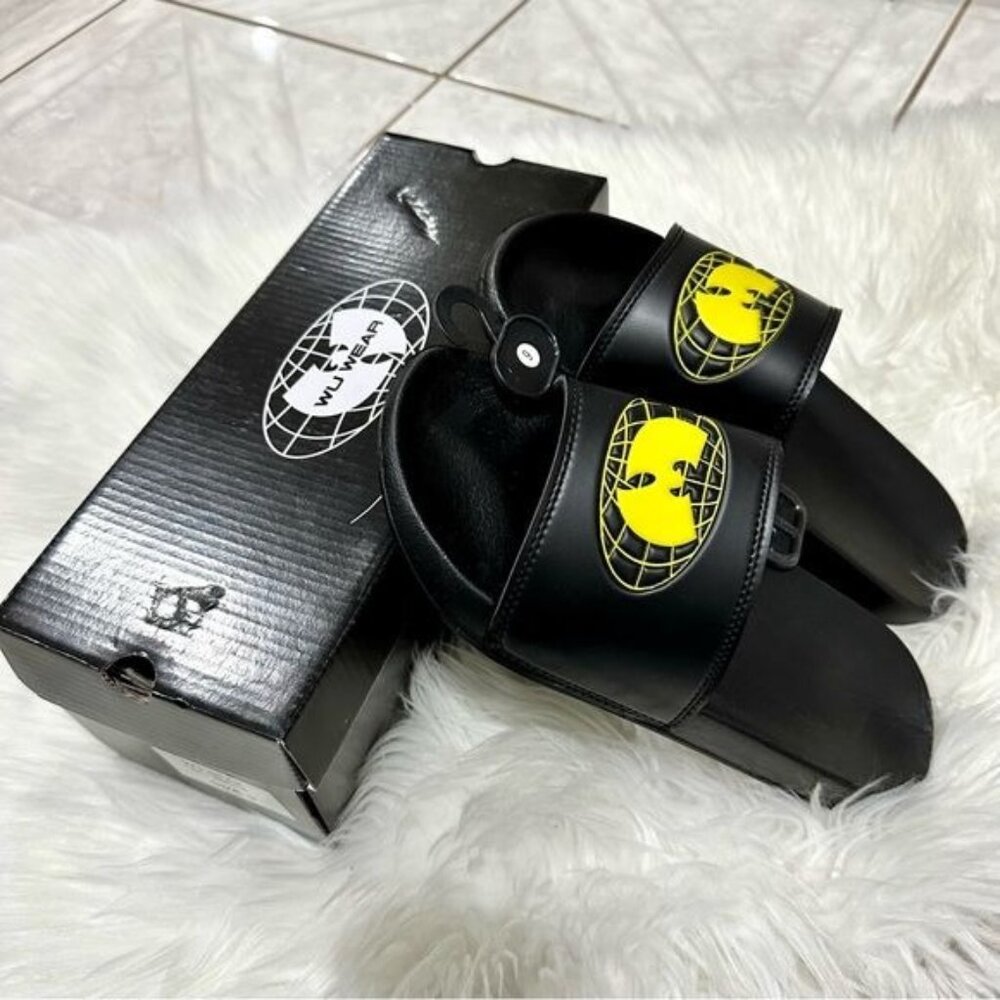 NIB Wu Wear x Wu Tang Mens 9 Black Yellow Slides 90s Hip Hop Streetwear Rap 4